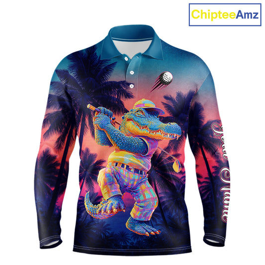 Funny Neon Alligator Golf Polo Shirts For Men Custom Team Alligator Golf Outfit, Golfer Gifts NHT663