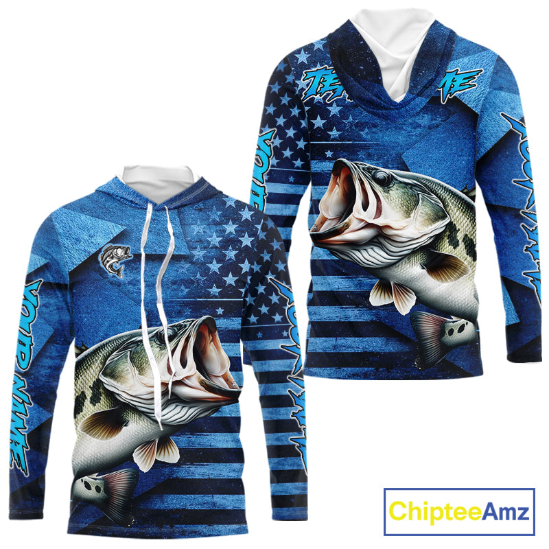 Bass Fishing Shirts Long Sleeve Hooded With American Flag, Personalized Bass Fishing Gift For Father Days NHT680