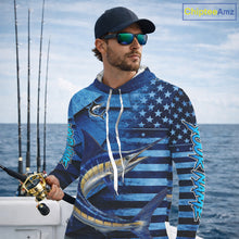 Load image into Gallery viewer, Marlin Hooded Fishing Shirts Long Sleeve With American Flag, Personalized Marlin Fishing Gift For Father Days NHT683