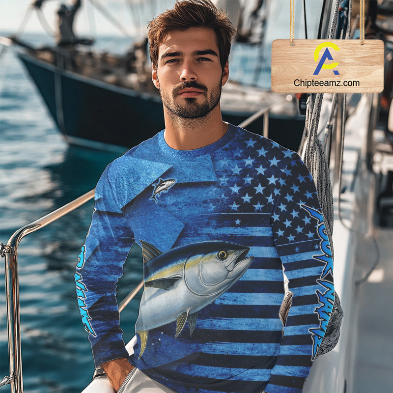 Tuna Fishing Shirts Long Sleeve With American Flag, Personalized Tuna Fishing Gift For Father Days NHT684