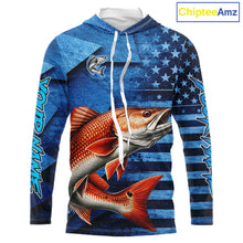 Load image into Gallery viewer, Redfish Hooded Fishing Shirts Long Sleeve With American Flag, Personalized Redfish Fishing Gift For Father Days NHT685