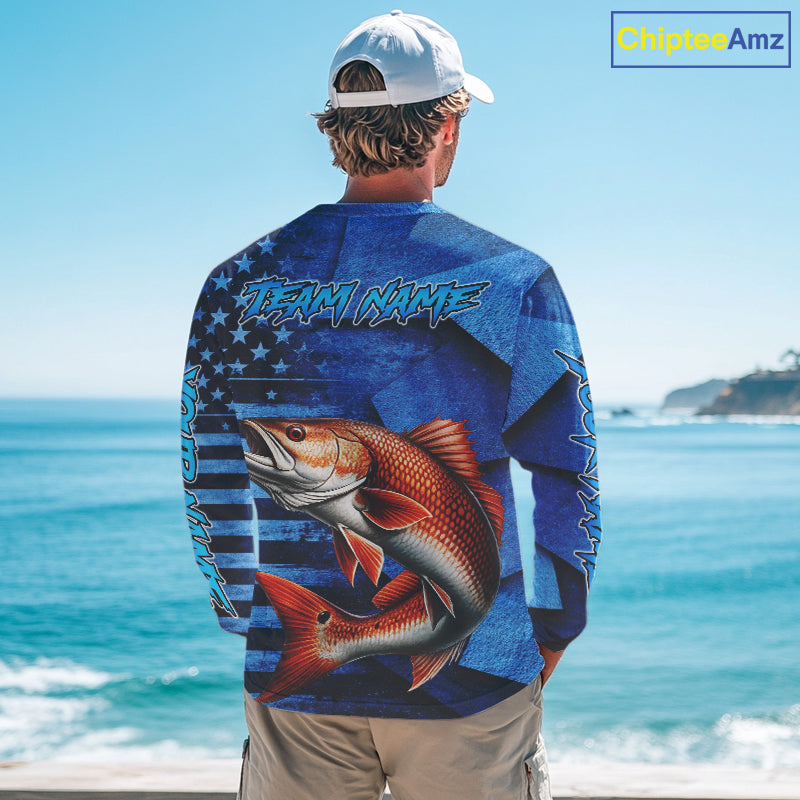 Redfish Fishing Shirts Long Sleeve With American Flag, Personalized Redfish Fishing Gift For Father Days NHT685