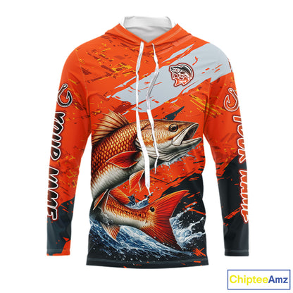Custom Redfish Fishing Tournament Jerseys, Red Drum Orange Hooded Fishing Shirts Long Sleeve  NHT572