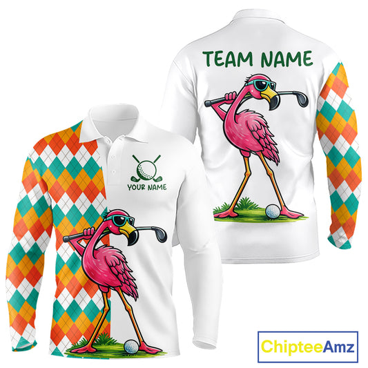 Funny Flamingo Mens Golf Polo Shirts Colorful Argyle Pattern Custom Name, Golf Gifts NBT562
