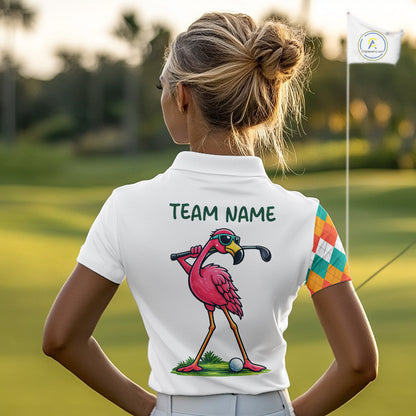 Funny Flamingo Womens Golf Polo Shirts Colorful Argyle Pattern Custom Name, Golf Gifts NBT562