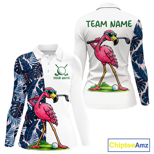 Funny Flamingo Womens Golf Polo Shirts Blue Tropical Flamingo Custom Name, Golf Gifts NBT563