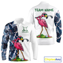 Load image into Gallery viewer, Funny Flamingo Mens Golf Polo Shirts Blue Tropical Flamingo Custom Name, Golf Gifts NBT563