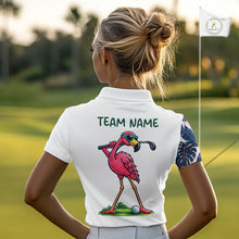 Load image into Gallery viewer, Funny Flamingo Womens Golf Polo Shirts Blue Tropical Flamingo Custom Name, Golf Gifts NBT563