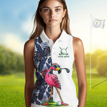 Load image into Gallery viewer, Funny Flamingo Womens Sleeveless Golf Polo Shirts Blue Tropical Flamingo Custom Name, Golf Gifts NBT563