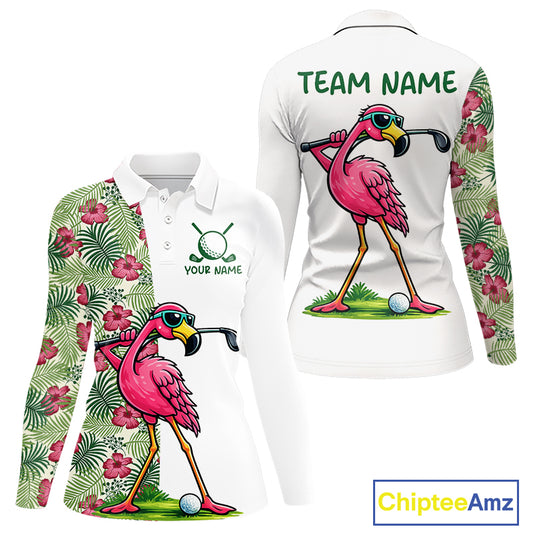 Funny Flamingo Womens Golf Polo Shirts Floral Tropical Leaf Flamingo Custom Name, Golf Gifts NBT564