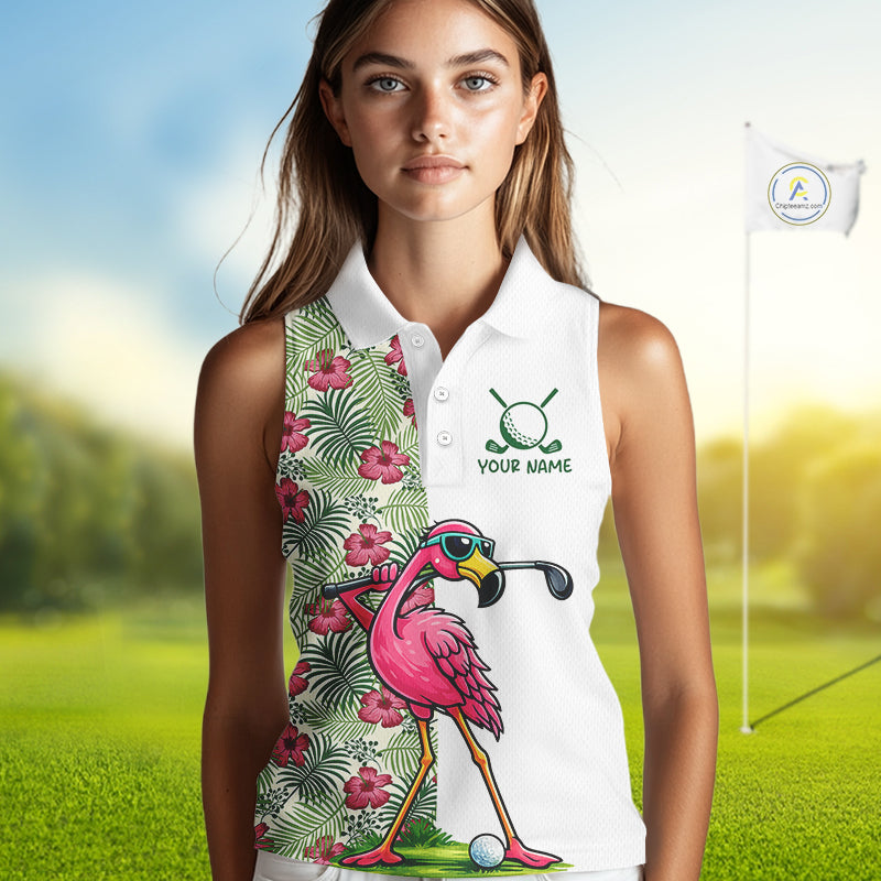 Funny Flamingo Womens Sleeveless Golf Polo Shirts Floral Tropical Leaf Flamingo Custom Name, Golf Gifts NBT564