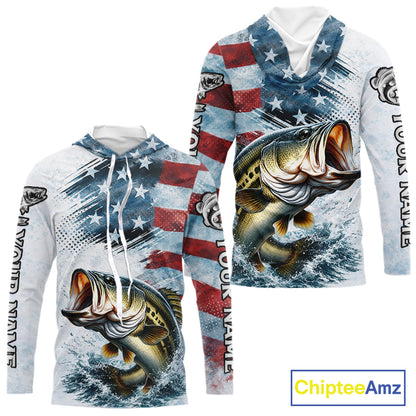 American Flag Custom Bass Long Sleeve Hooded Fishing Shirts, Patriotic Fishing Shirt NBT447