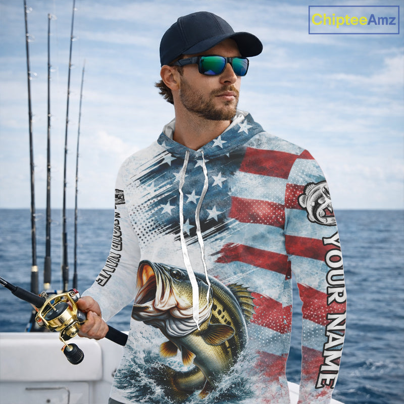 American Flag Custom Bass Long Sleeve Hooded Fishing Shirts, Patriotic Fishing Shirt NBT447