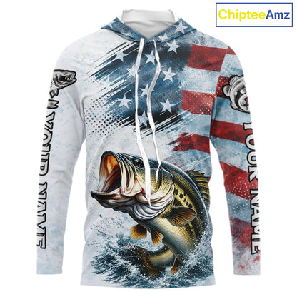 American Flag Custom Bass Long Sleeve Hooded Fishing Shirts, Patriotic Fishing Shirt NBT447