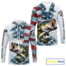 Load image into Gallery viewer, American Flag Custom Bass Long Sleeve Hooded Fishing Shirts, Patriotic Fishing Shirt NBT447