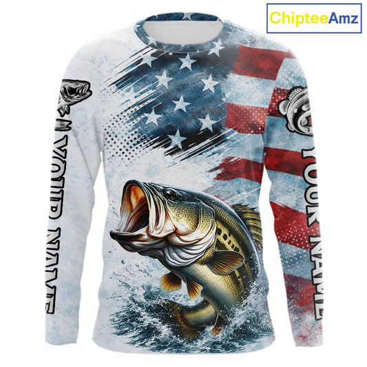 American Flag Custom Bass Fishing Shirts Long Sleeve, Patriotic Fishing Shirt NBT447