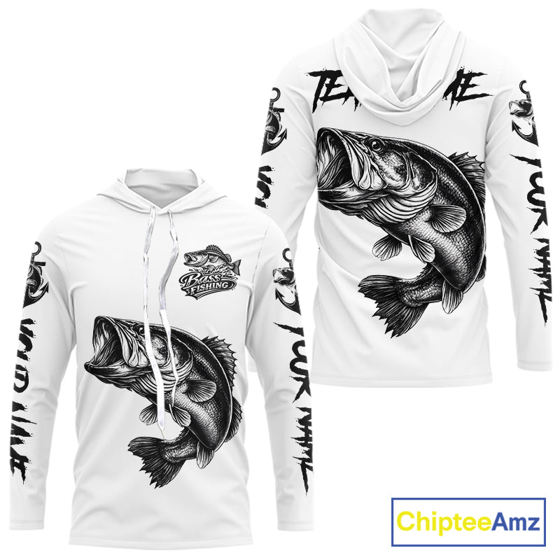 White Bass Fishing Tattoo Custom Fishing Shirts with Hood, Bass Fishing Shirts Long Sleeve NBT451
