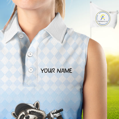 Funny Raccoon Sleeveless Golf Polo Shirt Personalized Name Custom Golf Shirt Golfer Gift For Womens NBT887