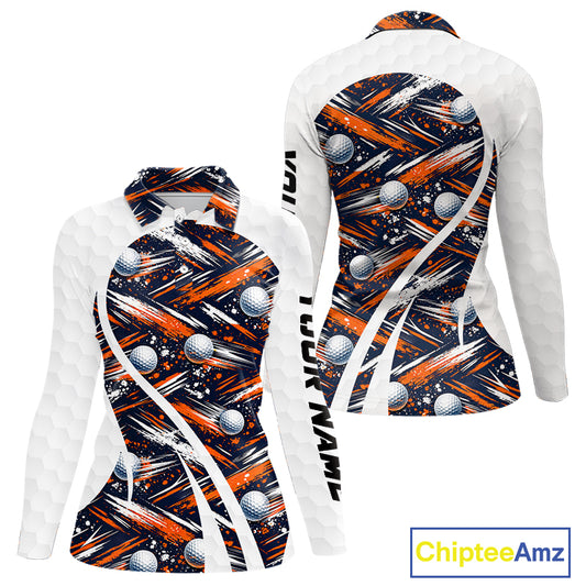 Womens Golf Polo Shirts Custom Black And Orange Golf Ball Pattern Golf Attire For Ladies, Golfer Gifts NBT573