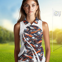 Load image into Gallery viewer, Womens Sleeveless Golf Polo Shirts Custom Black And Orange Golf Ball Pattern Golf Attire For Ladies, Golfer Gifts NBT573