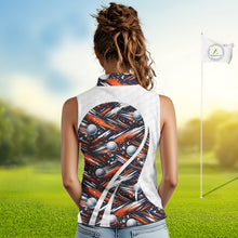Load image into Gallery viewer, Womens Sleeveless Golf Polo Shirts Custom Black And Orange Golf Ball Pattern Golf Attire For Ladies, Golfer Gifts NBT573