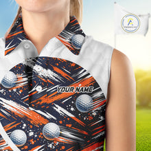 Load image into Gallery viewer, Womens Sleeveless Golf Polo Shirts Custom Black And Orange Golf Ball Pattern Golf Attire For Ladies, Golfer Gifts NBT573