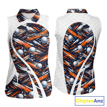 Load image into Gallery viewer, Womens Sleeveless Golf Polo Shirts Custom Black And Orange Golf Ball Pattern Golf Attire For Ladies, Golfer Gifts NBT573