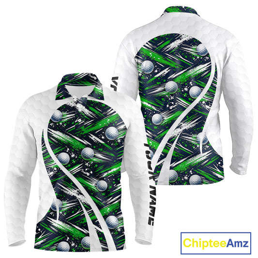 Mens Golf Polo Shirts Custom Black And Green Golf Ball Pattern Golf Attire For Mens, Golfer Gifts NBT574