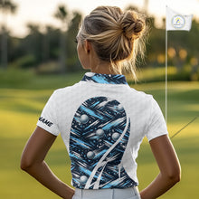 Load image into Gallery viewer, Womens Golf Polo Shirts Custom Black And Blue Golf Ball Pattern Golf Attire For Ladies, Golfer Gifts NBT575