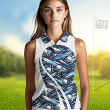 Load image into Gallery viewer, Womens Sleeveless Golf Polo Shirts Custom Black And Blue Golf Ball Pattern Golf Attire For Ladies, Golfer Gifts NBT575