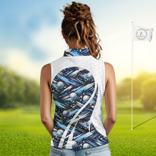 Load image into Gallery viewer, Womens Sleeveless Golf Polo Shirts Custom Black And Blue Golf Ball Pattern Golf Attire For Ladies, Golfer Gifts NBT575