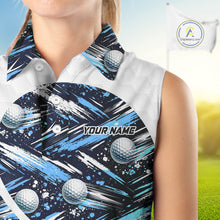 Load image into Gallery viewer, Womens Sleeveless Golf Polo Shirts Custom Black And Blue Golf Ball Pattern Golf Attire For Ladies, Golfer Gifts NBT575