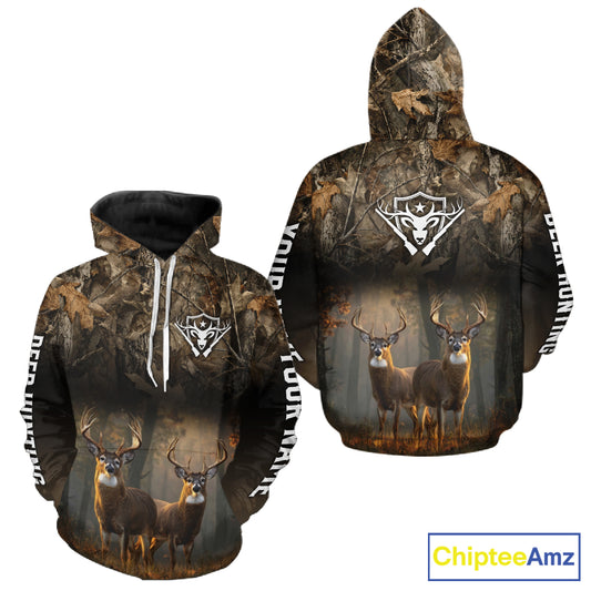 Personalized Forest Camo Deer Hunting Clothes Custom Name Whitetail Deer Design Hunting Hoodie NBT305