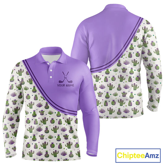 Personalized Funny Purple Cactus Pattern Mens Golf Polo Shirts Custom Cactus Golf Shirt, Golfer Gifts NBT707
