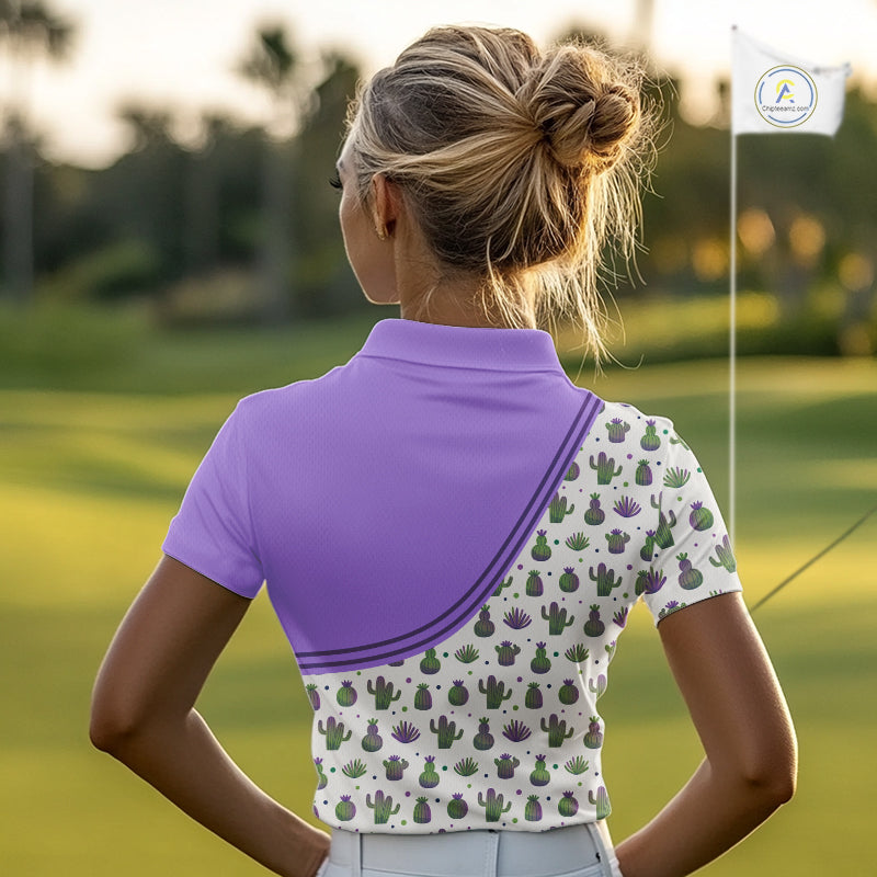 Personalized Funny Purple Cactus Pattern Womens Golf Polo Shirts Custom Cactus Golf Shirt, Golfer Gifts  NBT707