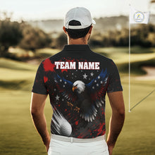 Load image into Gallery viewer, Man wearing a Red white blue American flag eagle mens golf polo shirt patriotic design with custom team name on the back, standing on a golf course