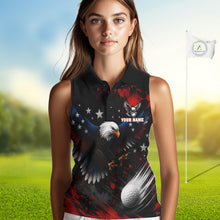 Load image into Gallery viewer, Woman wearing custom sleeveless golf polo with American Flag Eagle - patriotic golf outfit