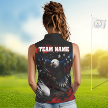 Load image into Gallery viewer, Back view sleeveless women golf polo with USA flag eagle - custom team name on the back