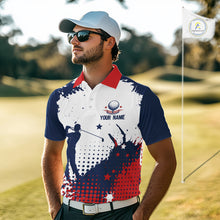 Load image into Gallery viewer, Man wearing a American flag patriotic graphic on mens white golf polo shirt standing on a golf course