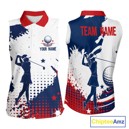 Womens Sleeveless Golf Polo Shirt American Flag Patriotic Custom Name White Tournament Golf Shirt, Golf Gift NBT812
