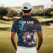 Load image into Gallery viewer, Man wearing a American Flag mens golf polo shirt custom name black patriotic golf shirt with "team name" on the back, standing on a golf course