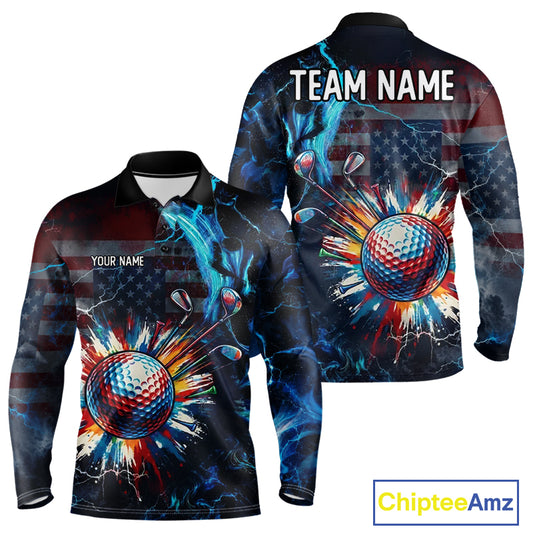 Front and back view of American Flag mens long sleeve golf polo shirt custom name black