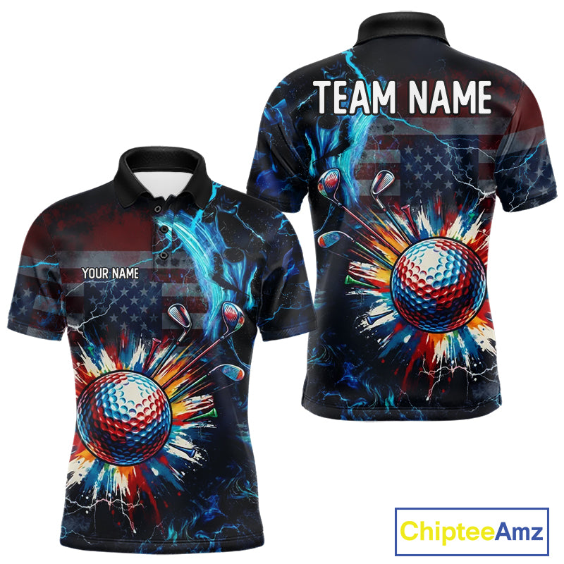 Front and back view of American Flag mens golf polo shirt custom name black golf shirt with custom name on the chest and team name on the back