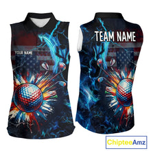 Load image into Gallery viewer, Sleeveless women golf polo black with American Flag patriotic design - front view custom name and backview custom team name
