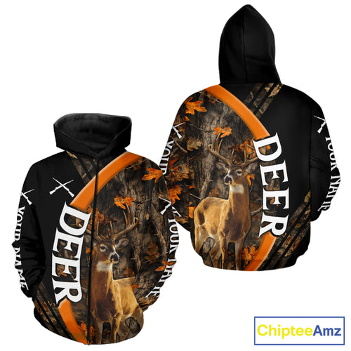 Whitetail Deer Hunting Shirt Custom Name Orange Autumn Leaves Camo, Season Hunting Hoodies For Men NBT307