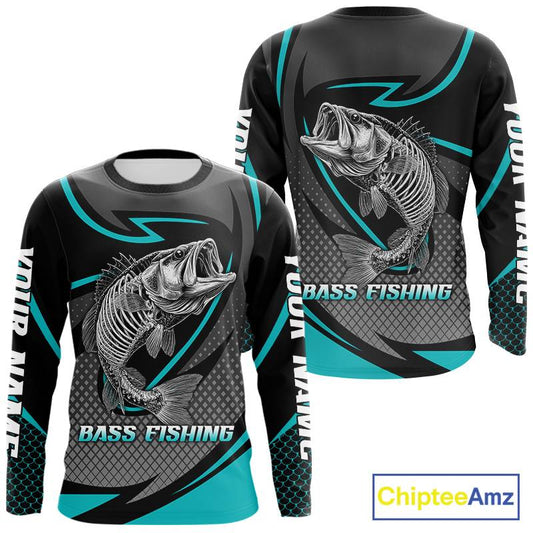 Personalized Bass Fishing Shirts Long Sleeve Fish Skeleton Custom Fishing Jersey NBT358