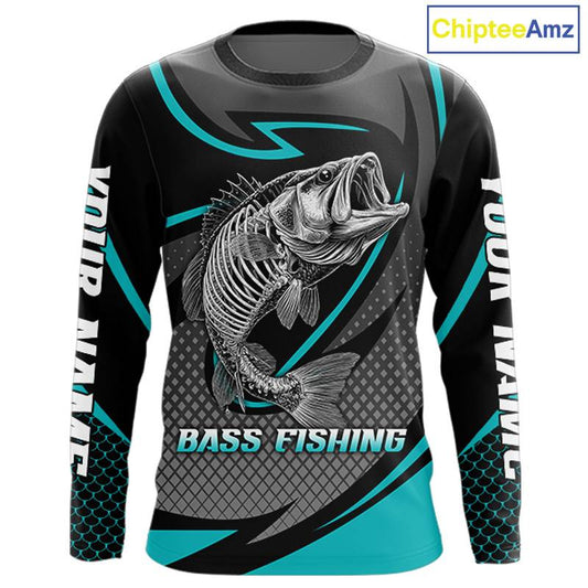 Personalized Bass Fishing Shirts Long Sleeve Fish Skeleton Custom Fishing Jersey NBT358