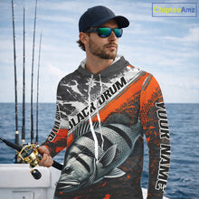 Load image into Gallery viewer, Custom Orange Camo Black Drum Jerseys For Fishing Team Long Sleeve Hooded Fishing Shirts NBT457