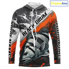 Load image into Gallery viewer, Custom Orange Camo Black Drum Jerseys For Fishing Team Long Sleeve Hooded Fishing Shirts NBT457