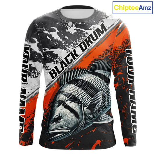 Custom Orange Camo Black Drum Jerseys For Fishing Team Long Sleeve Fishing Shirts NBT457